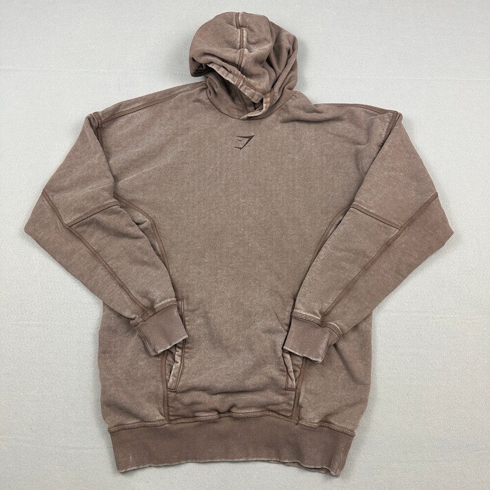 Gymshark Hoodie Men XS Brown Heritage Washed Pullover Sweatshirt Big Spell Out